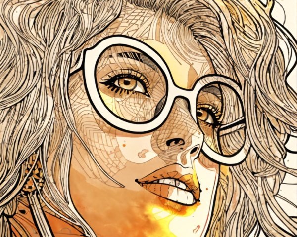 Stylized Portrait of a Woman with Flowing Hair and Glasses