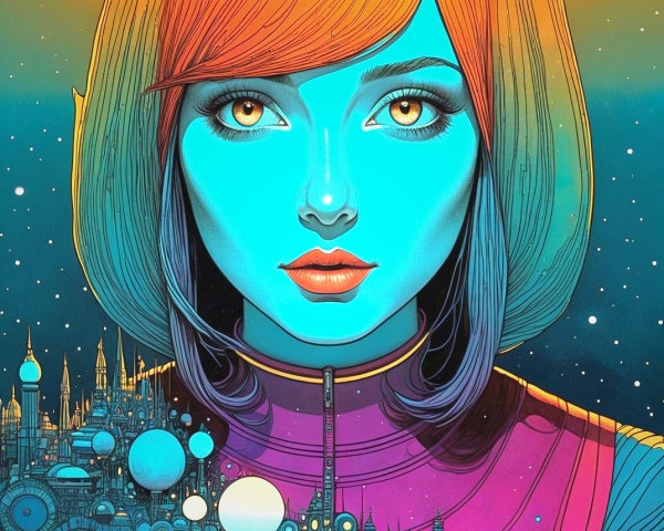 Vibrant Portrait of a Woman with Blue Skin and Orange Hair