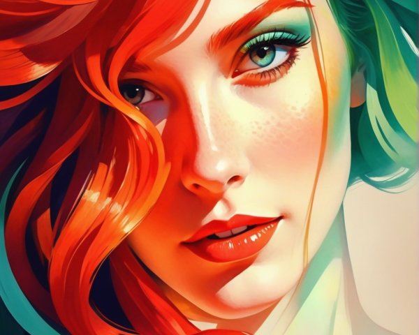 Close-up of a young woman with red hair and green eyes