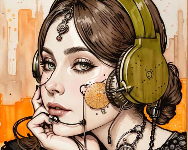 Stylized Portrait of a Young Woman with Headphones