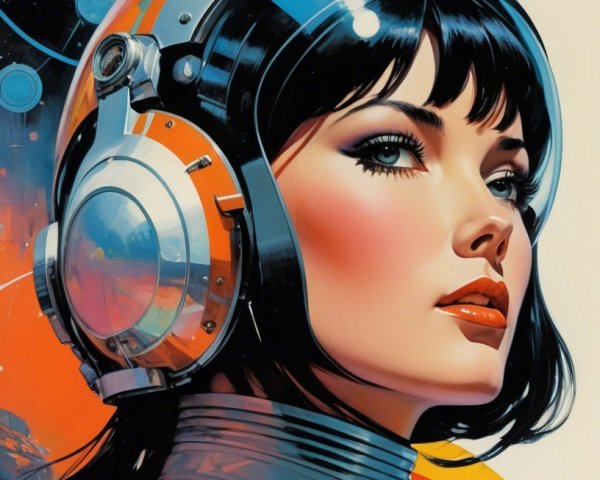 Retro-Futuristic Female Astronaut in Vibrant Space Scene