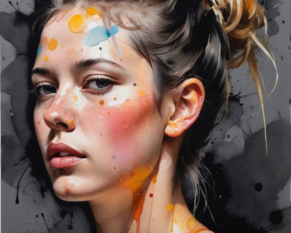 Young Woman with Colorful Face and Messy Bun