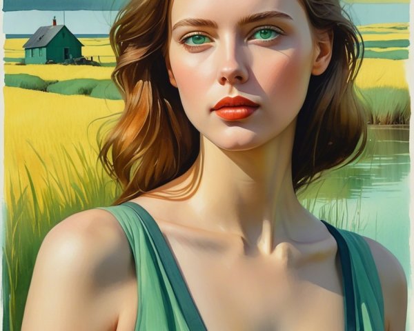 Young Woman in Green Dress by Serene Landscape