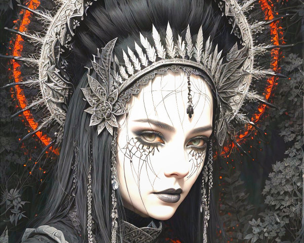 Dark Ethereal Figure with Fiery Halo and Dramatic Makeup