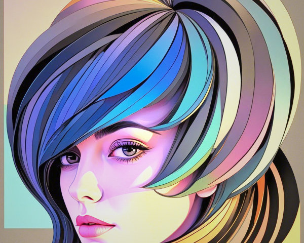 Stylized portrait of a woman with vibrant hair and shapes