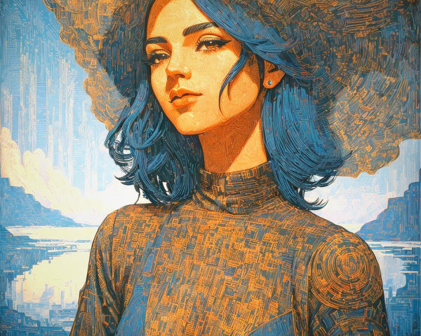 Digital Portrait of a Young Woman with Blue Hair