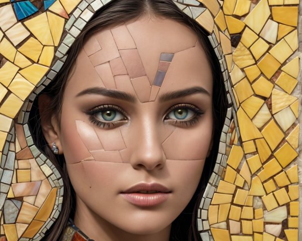 Portrait of a Woman in Mosaic Background with Green Eyes