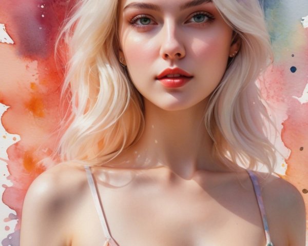 Portrait of a Young Woman with Vibrant Watercolor Background