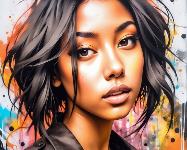 Portrait of a Young Woman with Colorful Graffiti Background