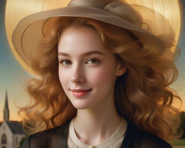 Young woman in stylish hat with sunset backdrop
