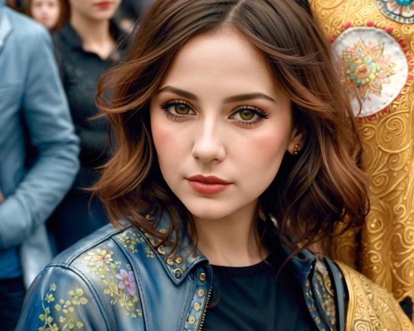 Young woman in blue jacket with floral patterns