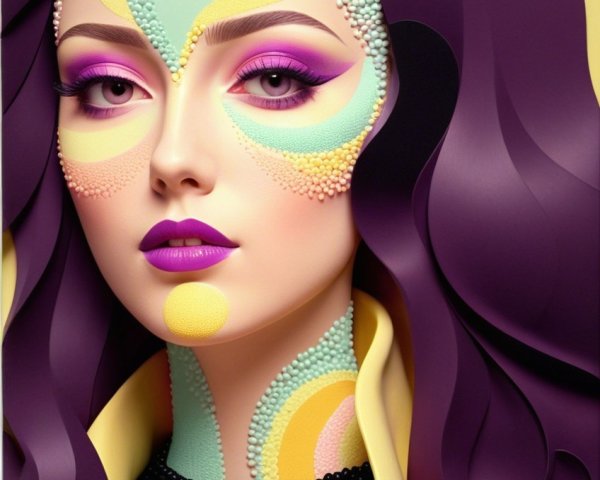 Portrait of a woman with vibrant, stylized makeup