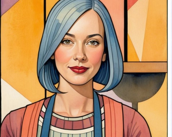 Stylish Woman with Blue Bob Haircut in Pastel Setting