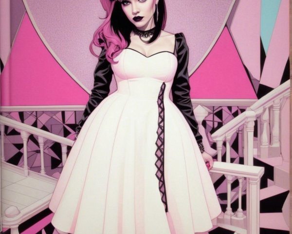 Young Woman in Two-Toned Dress with Pink Hair