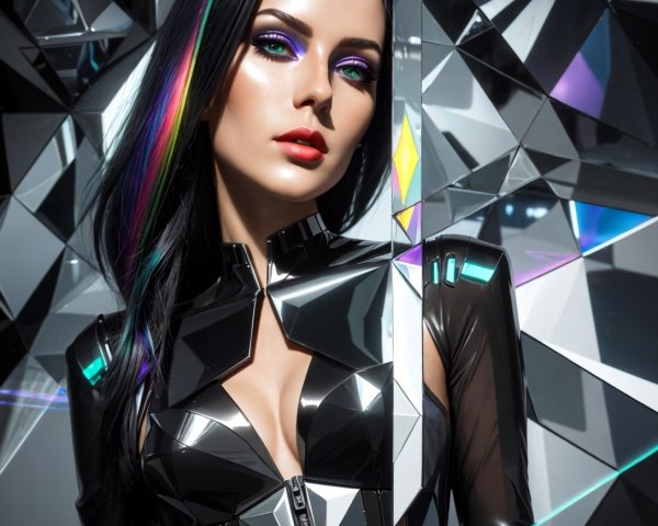 Futuristic Model in Glossy Black Outfit and Colorful Makeup