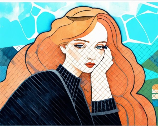 Stylized portrait of a woman with red hair and blue eyes