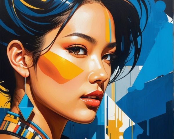 Close-up of a young woman with geometric patterns