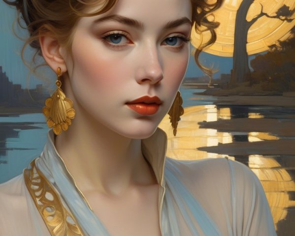 Elegant Woman with Curly Hair in Serene Landscape