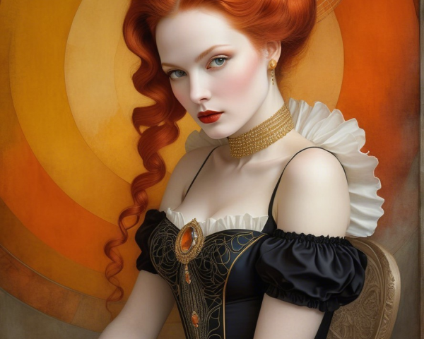 Elegant Woman in Black Dress with Red Hair and Gold Accents