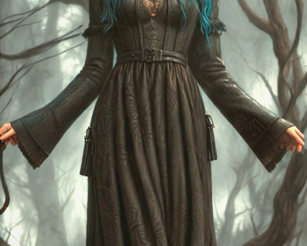 Young Woman in Black Dress in Mystical Forest