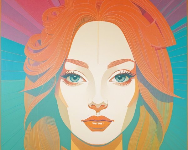 Stylized portrait of a woman with orange hair and teal background
