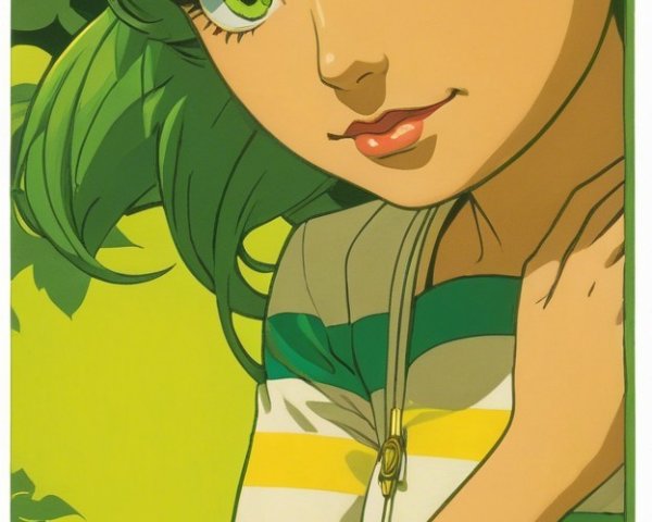 Vibrant Illustration of a Girl with Green Hair and Outfit
