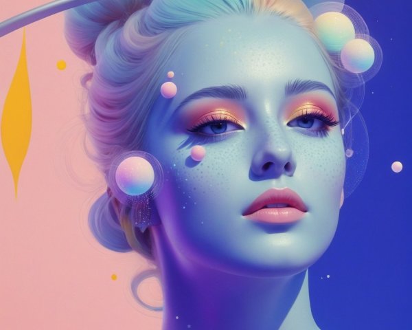 Digital Portrait of Young Woman with Blue Skin and Makeup