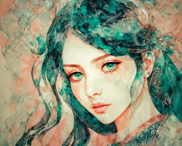 Digital Watercolor Portrait of a Young Woman