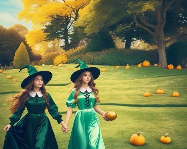 Girls in Green Dresses in a Pumpkin Patch Setting