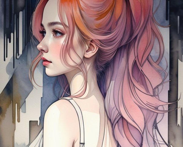 Stylized Portrait of a Young Woman with Pink Hair