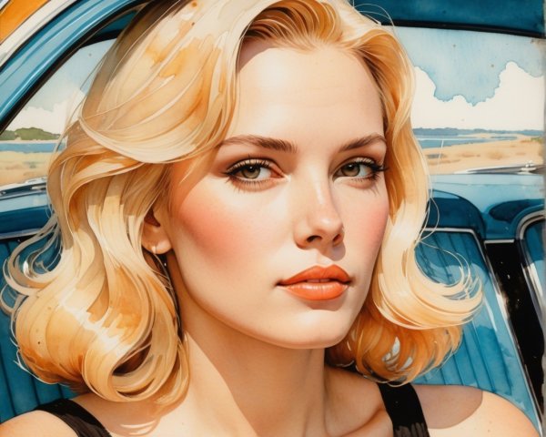 Young Woman in Vintage Car with Glamorous Waves