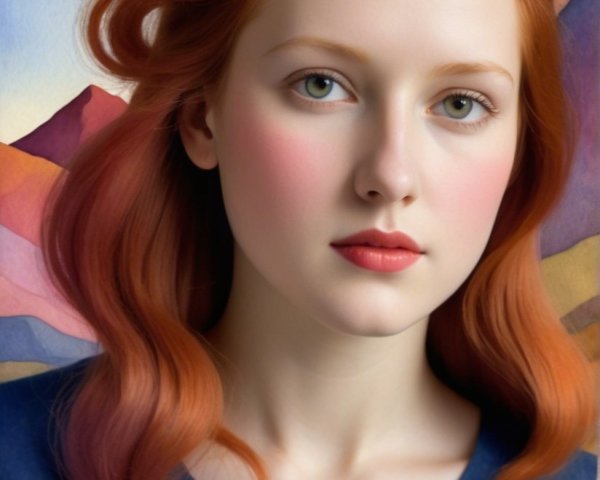 Young woman with red hair in navy dress and watercolor backdrop