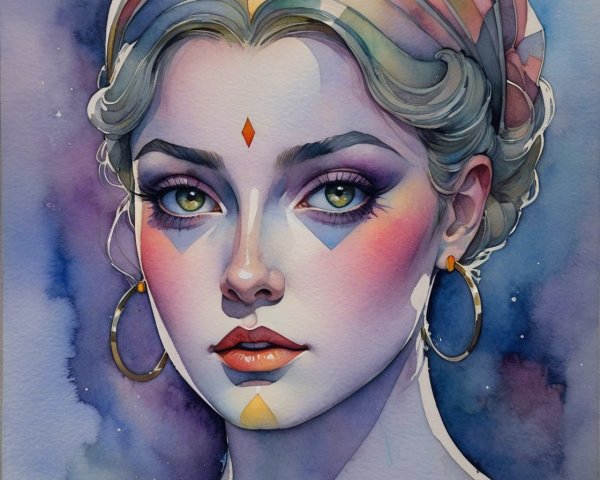 Watercolor Portrait of a Young Woman with Green Eyes