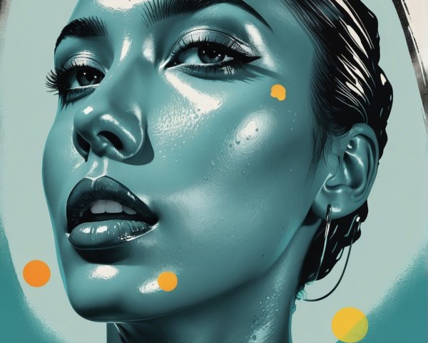 Portrait of a woman with iridescent teal skin and accents