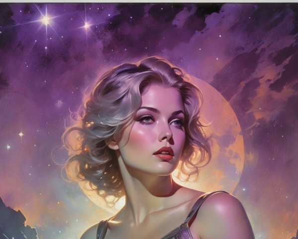 Woman with Blonde Hair Against Cosmic Background