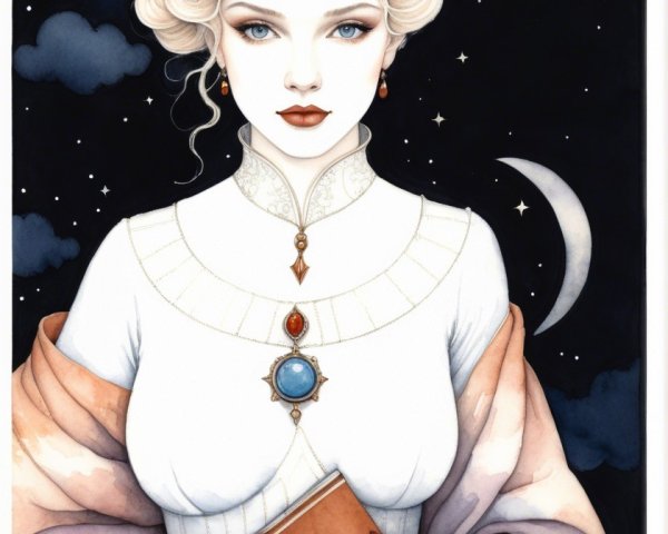 Elegant Woman in White Dress with Starry Background