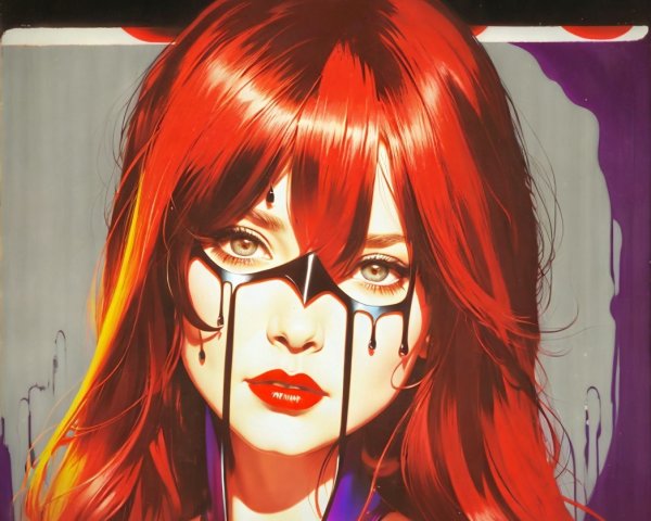 Vibrant Female Figure with Red Hair and Dramatic Makeup