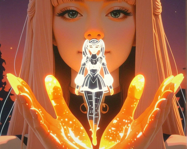 Anime-style girl with coral-orange hair and figurine