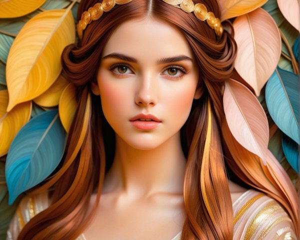 Portrait of a young woman with brown hair and leaves