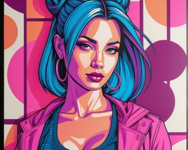 Vibrant Pop Art Portrait of Woman with Blue Hair