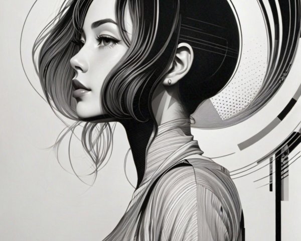 Black and white digital painting of a woman’s profile