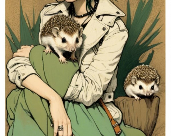 Woman with Green Hair and Hedgehogs in Fashion Scene
