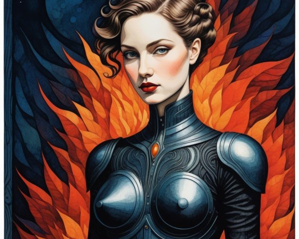 Futuristic Woman Amidst Vivid Orange Flames