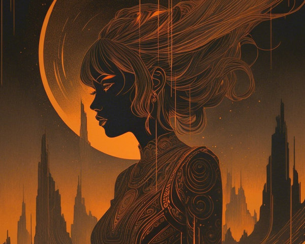 Neon Noir Illustration of Woman Silhouette with Moon