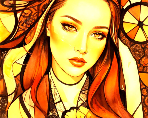 Portrait of a woman with red hair and floral design