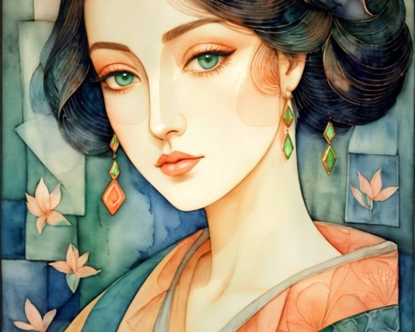 Watercolor of a Japanese geisha in vibrant kimono