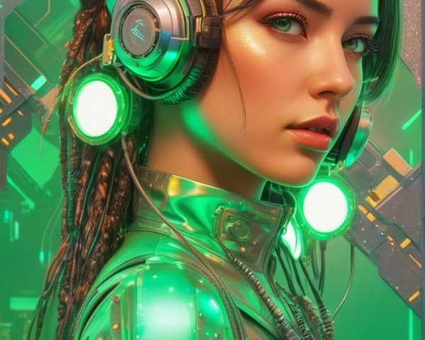 Futuristic Woman in Metallic Outfit with High-Tech Cityscape