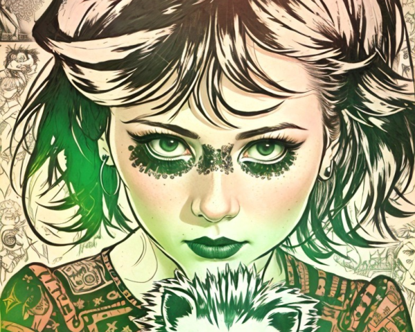 Illustration of a girl with green hair and tattoos holding a hedgehog