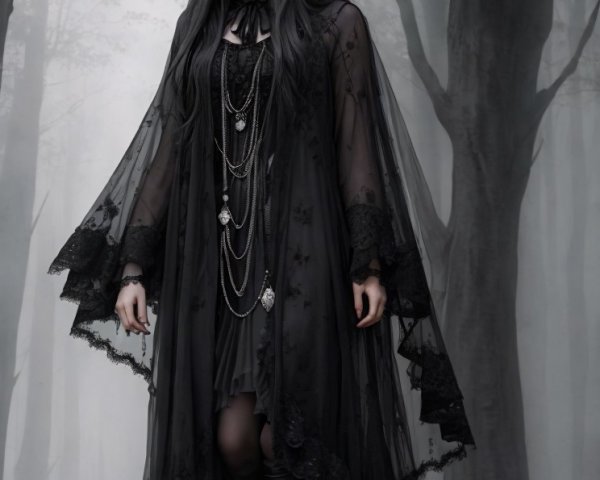 Mysterious Figure in Elegant Black Gown from Forest