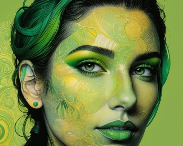 Portrait of a woman with vibrant green hair and makeup